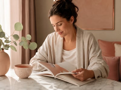A woman seated at a marble table reads a booklet over a cup of tea, eucalyptus stems in a vase beside her