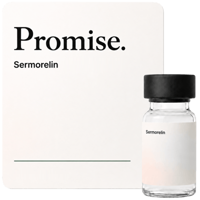 A sermorelin vial beside its specification card — an example of a compounded medication prepared by a licensed pharmacy against an individual prescription