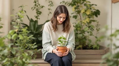 A woman seated beside a raised garden bed holds a small pot of seedlings in her lap