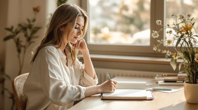 A woman pauses mid-thought over an open notebook at a wooden desk by a sunlit window