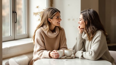 Two friends talking over coffee at a table by a window