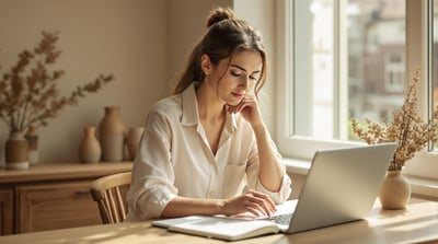 A woman reading at a warm wooden desk by a bright window, morning light