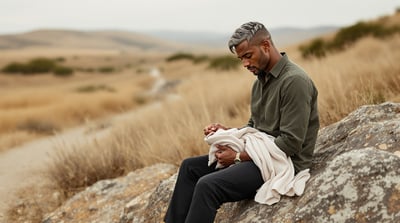 A man sits on a boulder beside a quiet trail with a folded scarf