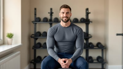 A man rests between strength sets on a gym bench with a dumbbell rack softly out of focus behind him