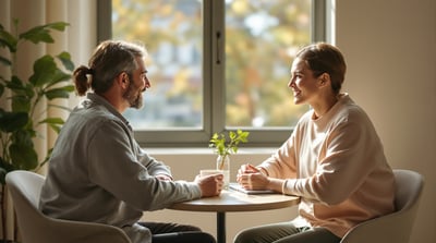 Two adults talk quietly over coffee at a small table beside a sunlit window