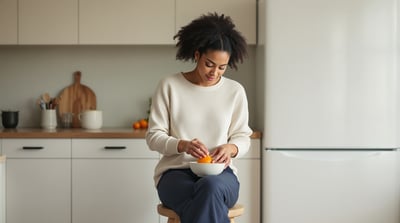 A woman in full-length casual clothes peels an orange at a quiet kitchen counter