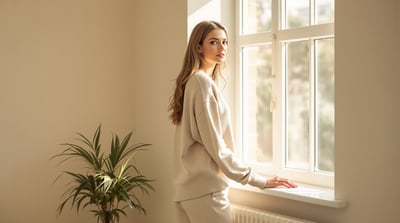 A woman in a long-sleeve top stands beside a window in soft early-morning light, her long hair loose over one shoulder