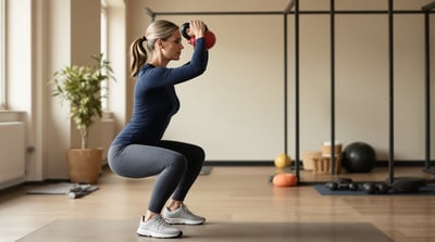 A middle-aged woman performs a controlled kettlebell squat in a quiet strength-training gym