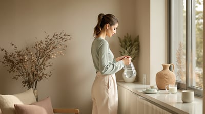 A woman pours water in a quiet spa lounge while dressed in a sage top and cream trousers