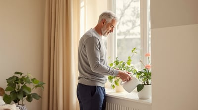 A man waters a small potted plant beside a bright window in early morning light