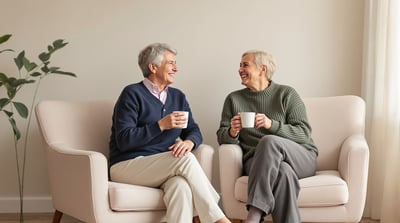 Two middle-aged friends sit in armchairs and talk over plain mugs in a quiet living room
