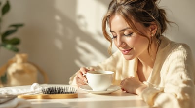 A woman with loosely tied hair pauses over tea at a sunlit table with a wooden hairbrush nearby