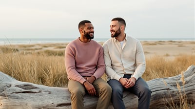 Two friends sit together on a driftwood log above a quiet beach