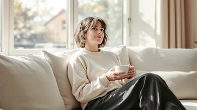A woman sits on a low sofa in a sunlit living room, holding a ceramic mug in both hands