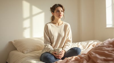 A woman in long pajamas sits on a plain bed in a bare bedroom at morning light