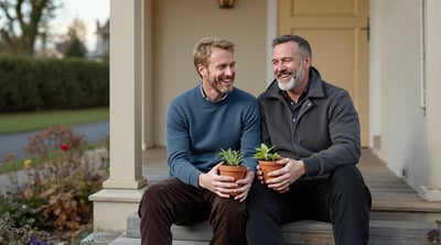 Two friends sit together on the front steps of a house holding a pot of seedlings