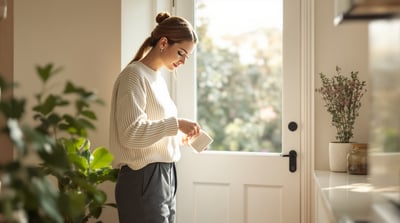A woman in a cream jumper and charcoal trousers pours tea beside a sunlit kitchen doorway