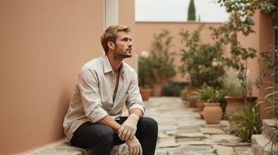 A man sits on a stone step in a walled courtyard holding gardening gloves