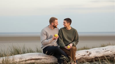 Two friends sit together on a driftwood log above a quiet beach holding an apple