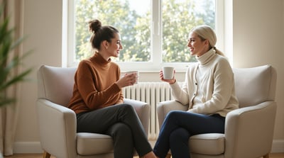 Two friends sit in armchairs by a window and talk over plain ceramic mugs