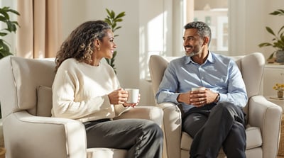 Two adults having a calm conversation in armchairs at home