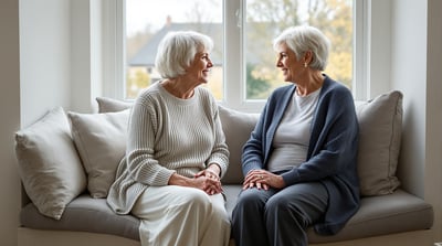 Two friends sit together on a window seat