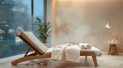 An empty lounger in a quiet spa with a folded towel