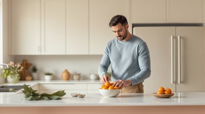 A man in a blue shirt arranges oranges in a bright matte-white kitchen