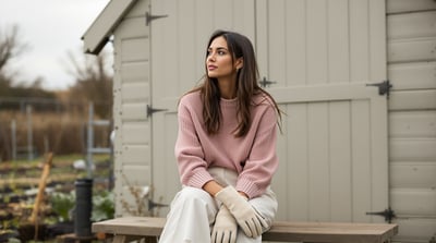 A woman sits on a bench beside an allotment shed holding gardening gloves