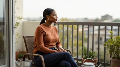 A woman sits on a small balcony beside a watering can
