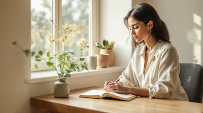 A woman writing in a notebook at a sunlit desk by a window
