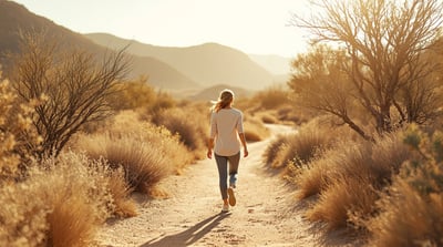 A person walks at an easy pace along a shaded desert trail in early morning light