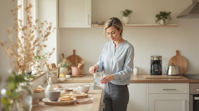A woman pours water in a quiet home kitchen beside a small bowl of toast