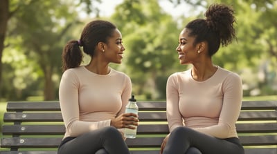 Two adults in long-sleeve tops talk on a shaded park bench, one holding a reusable water bottle