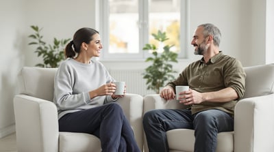 Two friends sit in armchairs angled toward each other in a bright living room, each holding a plain ceramic mug, talking quietly.