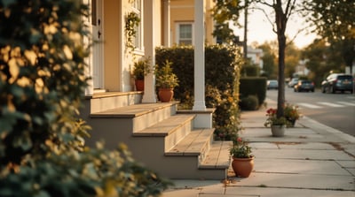 The front steps of a house with a pot of seedlings