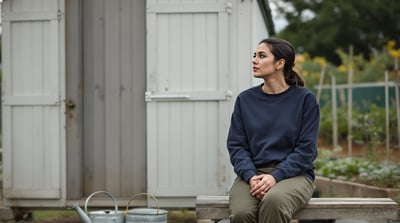 A woman sits on a bench beside an allotment shed beside a watering can