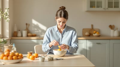 A woman in a blue shirt peels an orange at a sunlit kitchen table