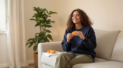 A woman sits on a sofa in a quiet living room peeling an orange