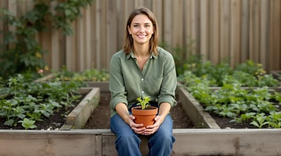 A woman in a green cotton shirt and full-length denim trousers sits on the wooden edge of a raised garden bed with a small pot of seedlings in her lap