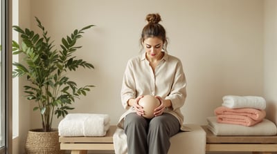A woman sits on a wooden bench in a quiet spa room holding a smooth massage ball
