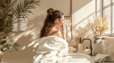 A woman in a white robe pausing at a sunlit bathroom counter during a morning skincare routine