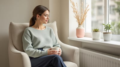A woman in a sage knit top sits beside a bright windowsill holding a plain mug
