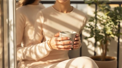 A person sits with a mug on a sunlit balcony beside a potted plant in the early morning