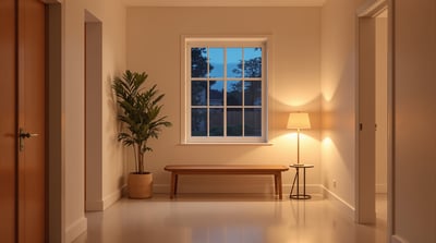 An empty bench in a bright entryway