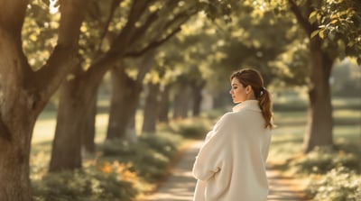 A woman in a cream sweater walking a tree-lined path in morning light