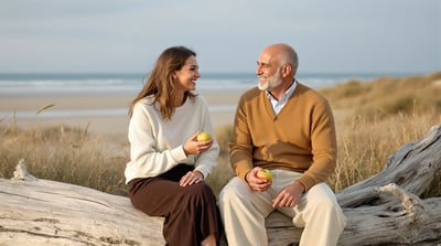 Two friends sit together on a driftwood log above a quiet beach holding an apple