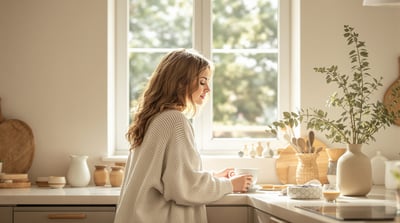 A woman stands at a sunlit kitchen counter in the morning, holding a cup of coffee and looking out the window.