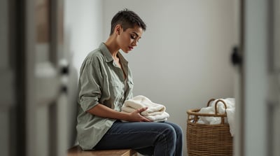A woman sits on a bench in a utility room with a folded towel