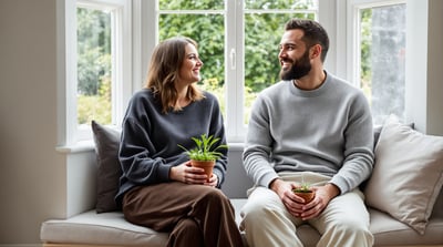 Two friends sit together on a window seat holding a pot of seedlings